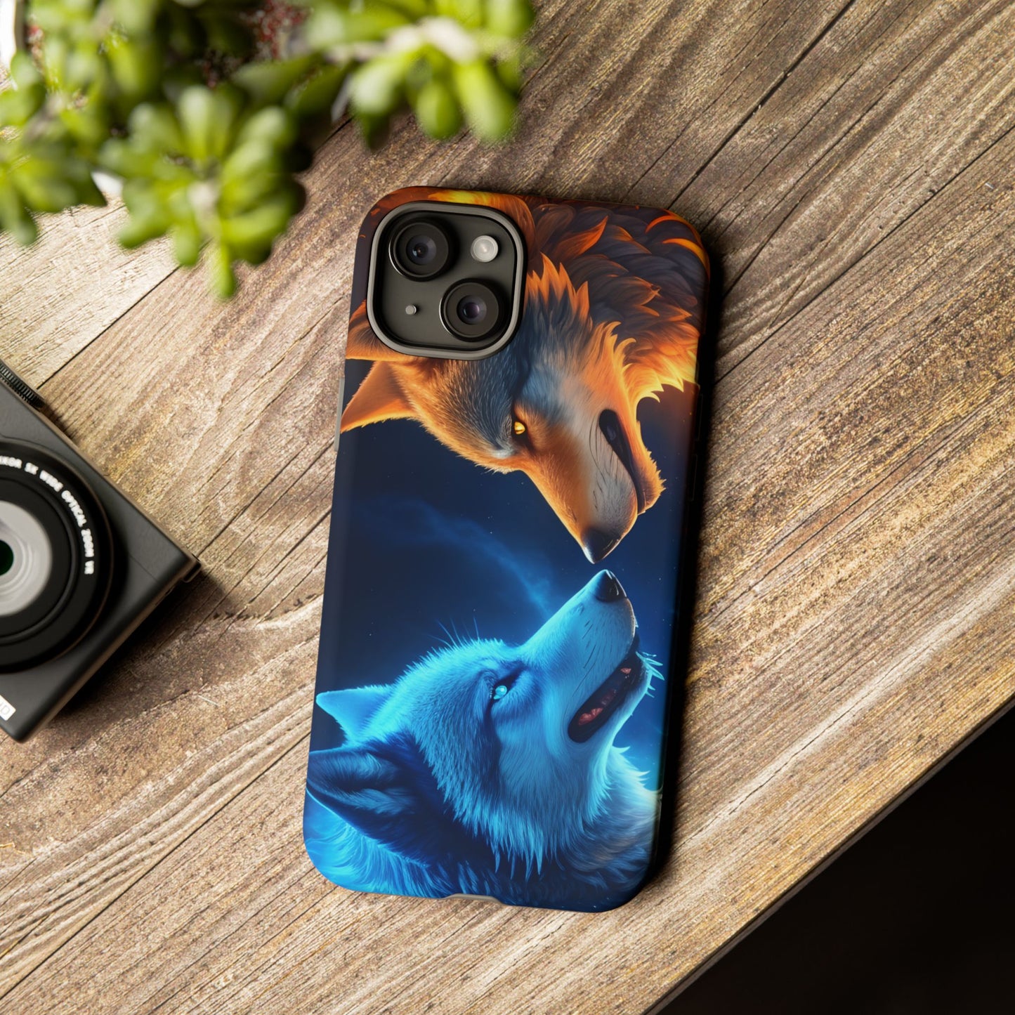 Fire Wolf and Ice Wolf Tough Phone Case – Dual Element Wolf Design, Protective Cover for Animal Lovers