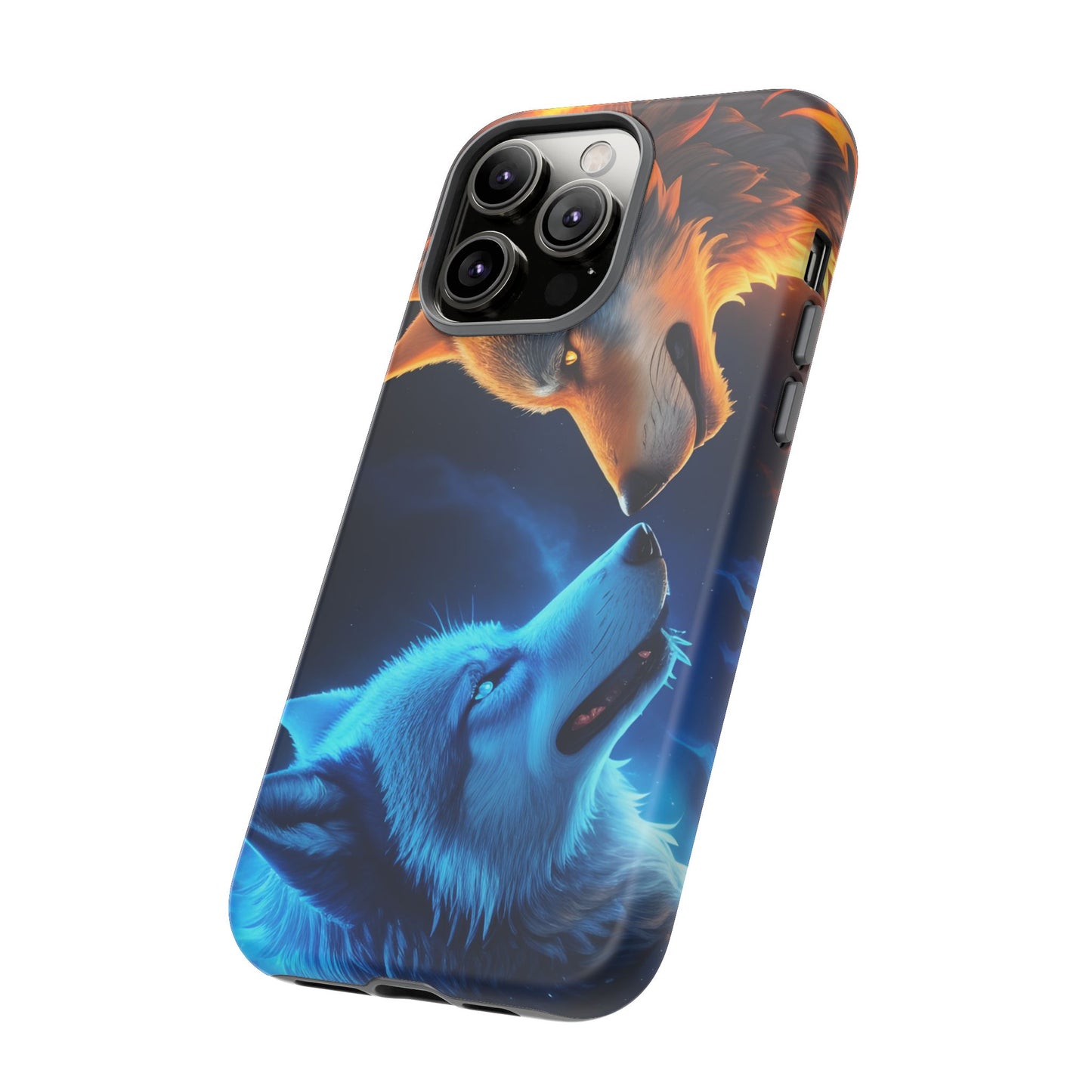 Fire Wolf and Ice Wolf Tough Phone Case – Dual Element Wolf Design, Protective Cover for Animal Lovers