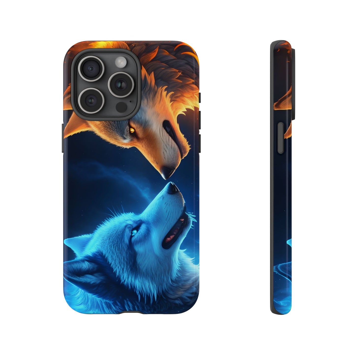 Fire Wolf and Ice Wolf Tough Phone Case – Dual Element Wolf Design, Protective Cover for Animal Lovers