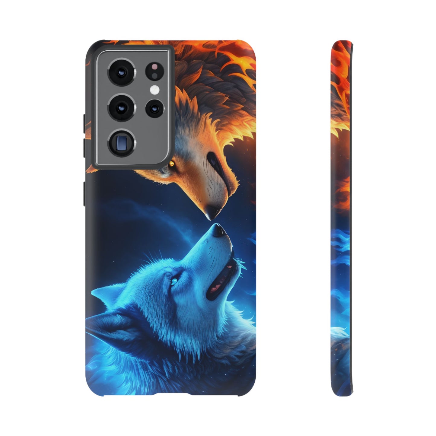 Fire Wolf and Ice Wolf Tough Phone Case – Dual Element Wolf Design, Protective Cover for Animal Lovers