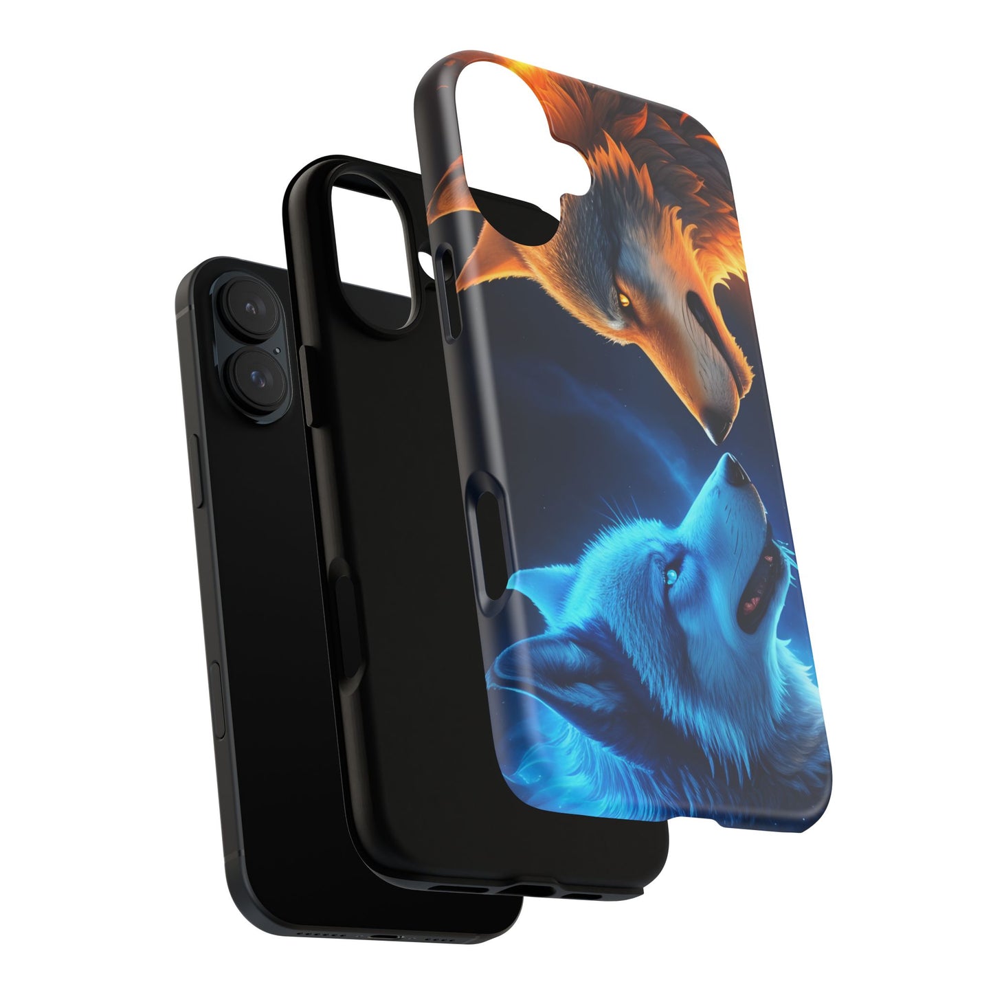 Fire Wolf and Ice Wolf Tough Phone Case – Dual Element Wolf Design, Protective Cover for Animal Lovers