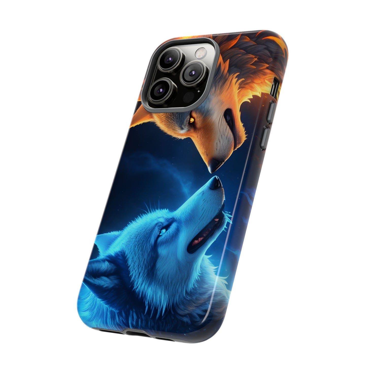 Fire Wolf and Ice Wolf Tough Phone Case – Dual Element Wolf Design, Protective Cover for Animal Lovers