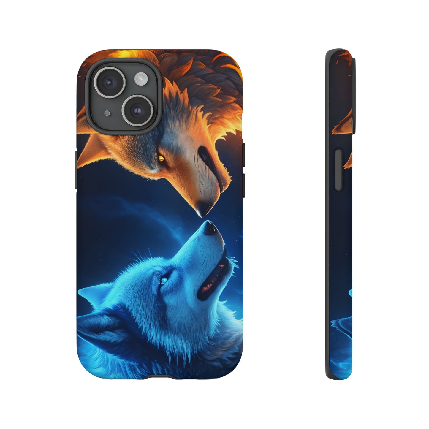 Fire Wolf and Ice Wolf Tough Phone Case – Dual Element Wolf Design, Protective Cover for Animal Lovers