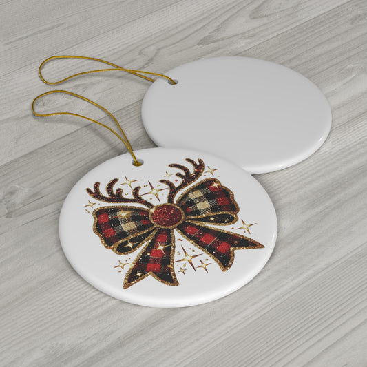 Reindeer Christmas  Bow Ceramic Ornament;  Christmas Decor, Festive Christmas Decoration, Holiday Tree Decor