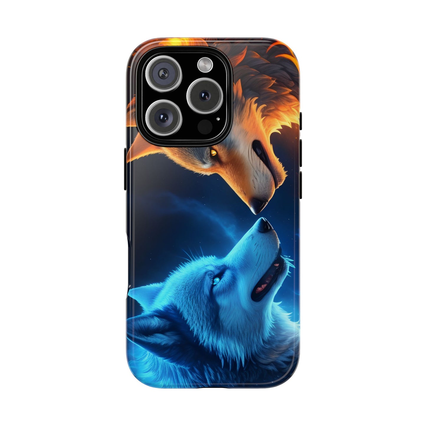 Fire Wolf and Ice Wolf Tough Phone Case – Dual Element Wolf Design, Protective Cover for Animal Lovers