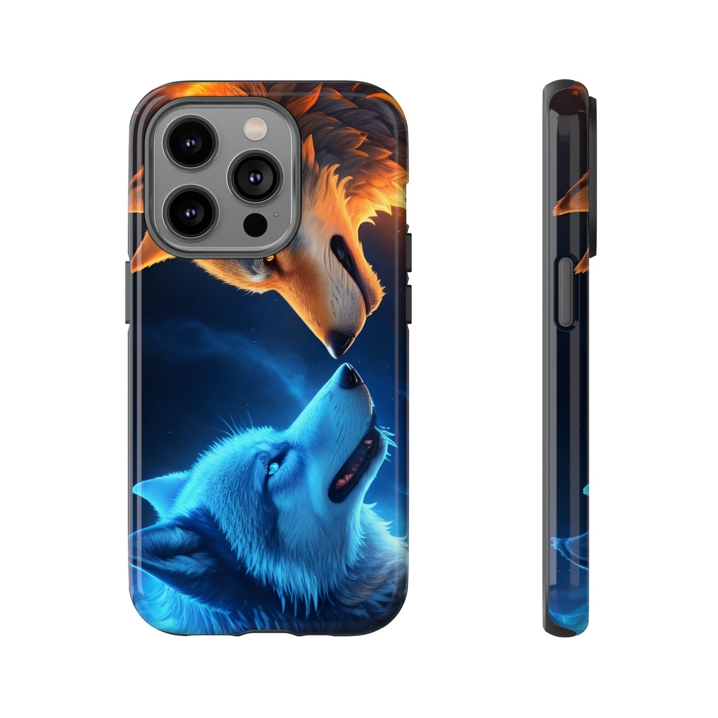 Fire Wolf and Ice Wolf Tough Phone Case – Dual Element Wolf Design, Protective Cover for Animal Lovers