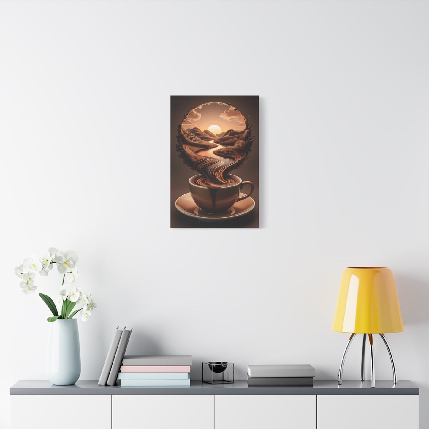 Coffee Art Wall Canva Print – Surreal Sunset Landscape in a Cup - Modern Kitchen & Café Decor