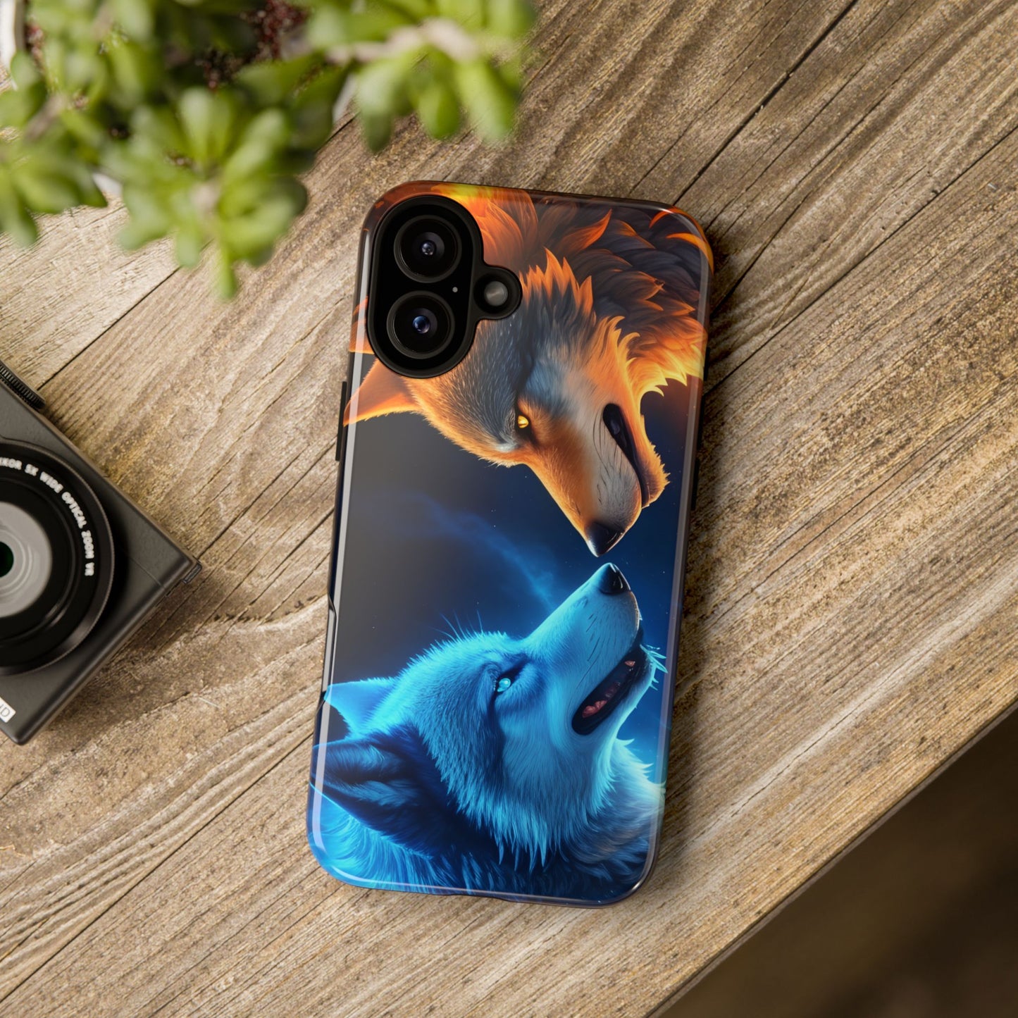 Fire Wolf and Ice Wolf Tough Phone Case – Dual Element Wolf Design, Protective Cover for Animal Lovers