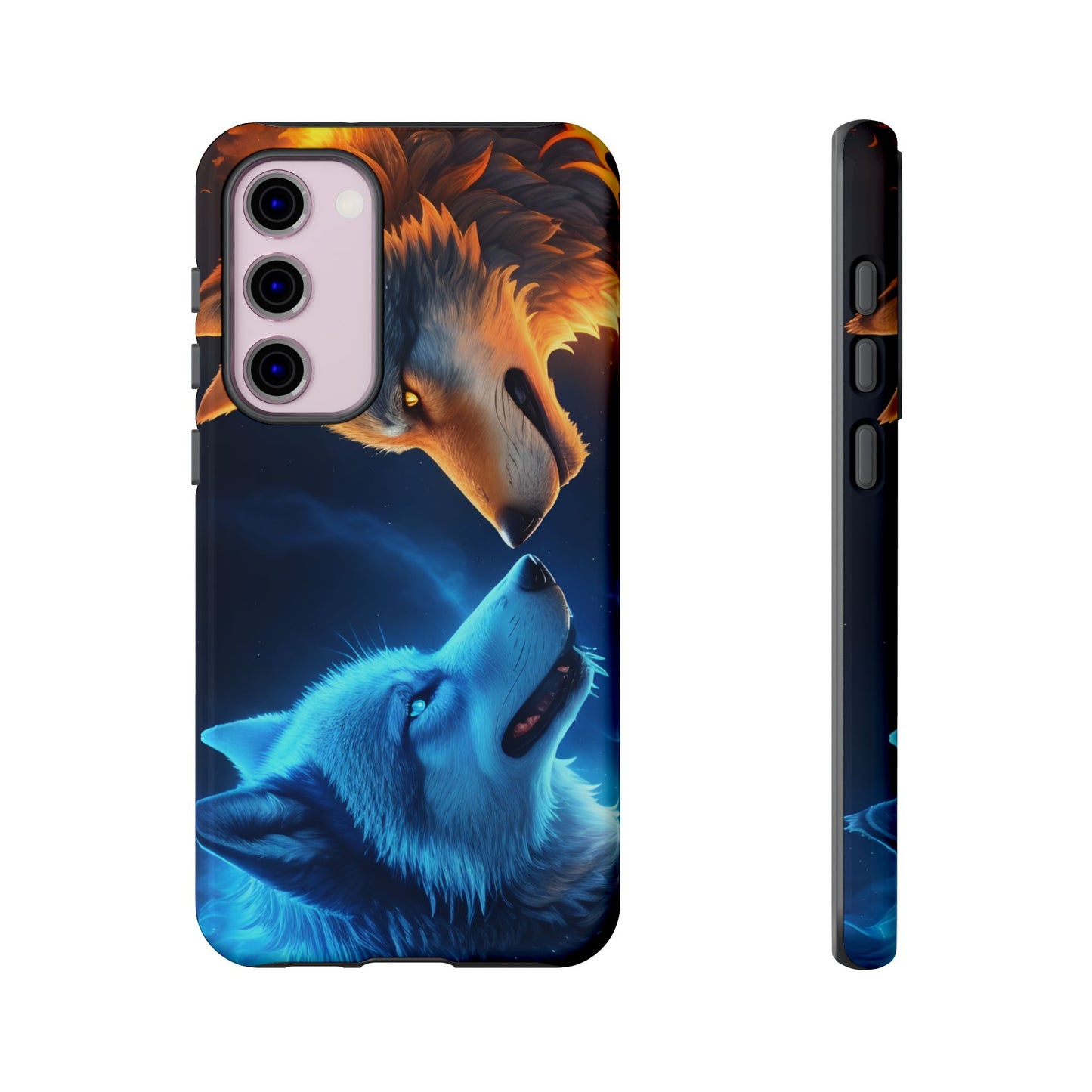 Fire Wolf and Ice Wolf Tough Phone Case – Dual Element Wolf Design, Protective Cover for Animal Lovers