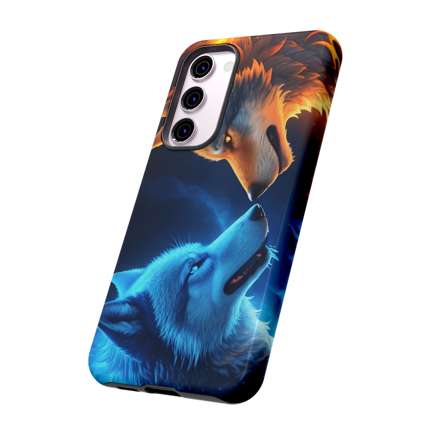 Fire Wolf and Ice Wolf Tough Phone Case – Dual Element Wolf Design, Protective Cover for Animal Lovers