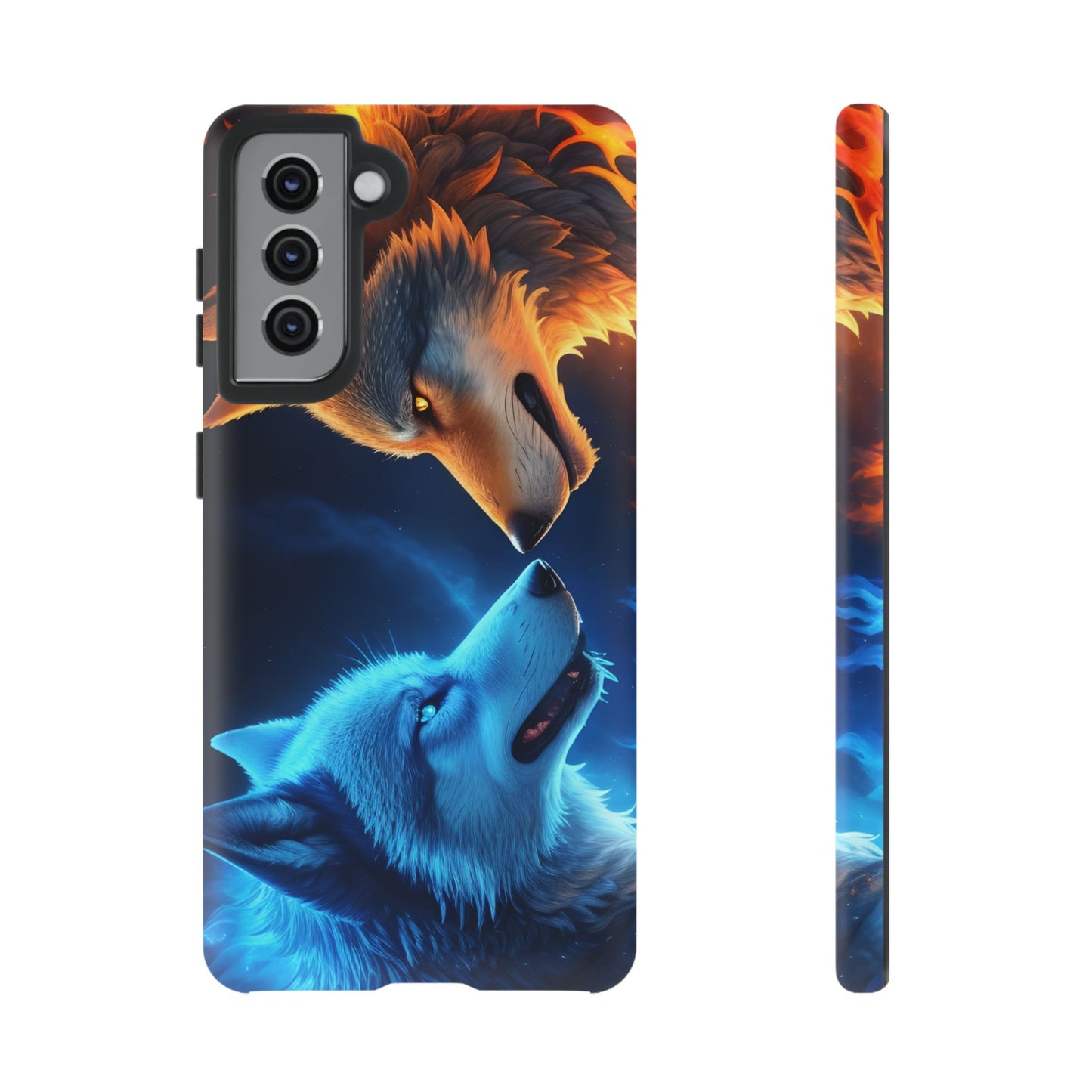 Fire Wolf and Ice Wolf Tough Phone Case – Dual Element Wolf Design, Protective Cover for Animal Lovers