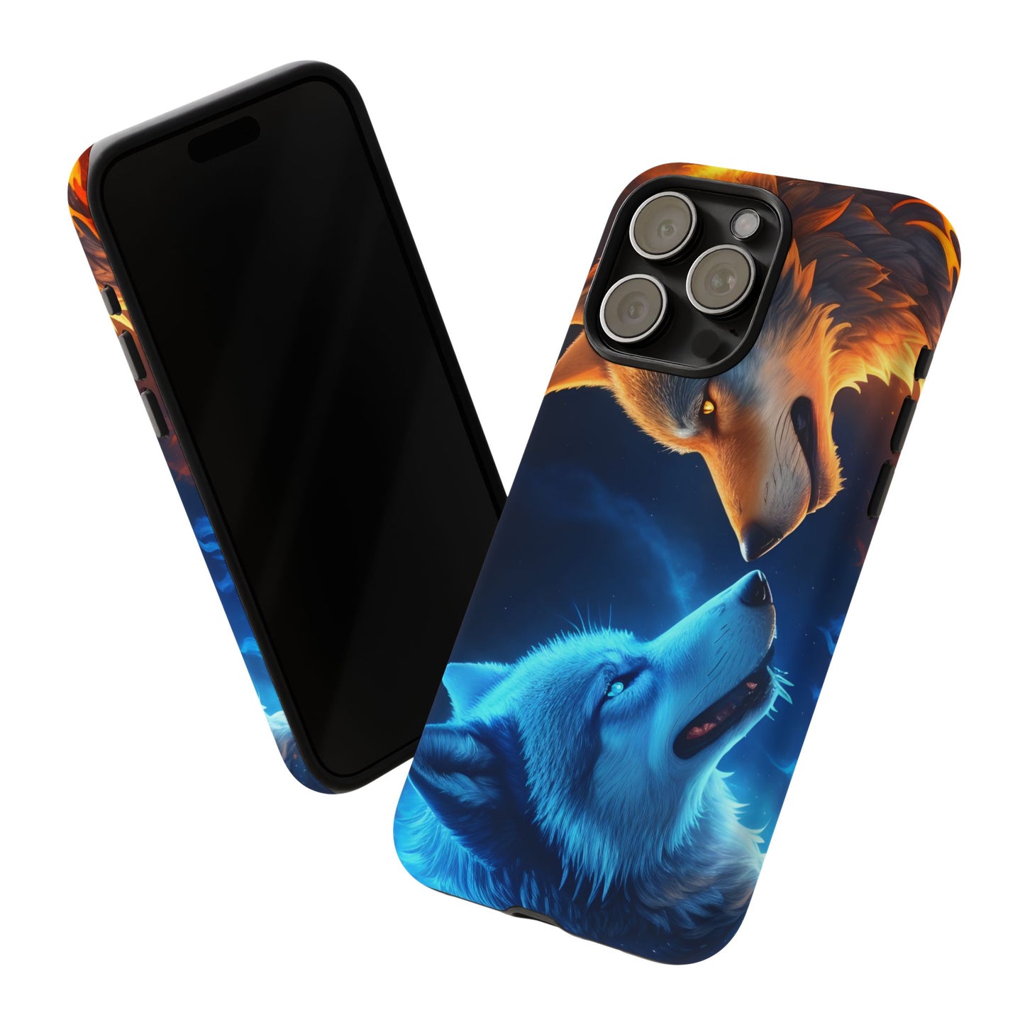 Fire Wolf and Ice Wolf Tough Phone Case – Dual Element Wolf Design, Protective Cover for Animal Lovers