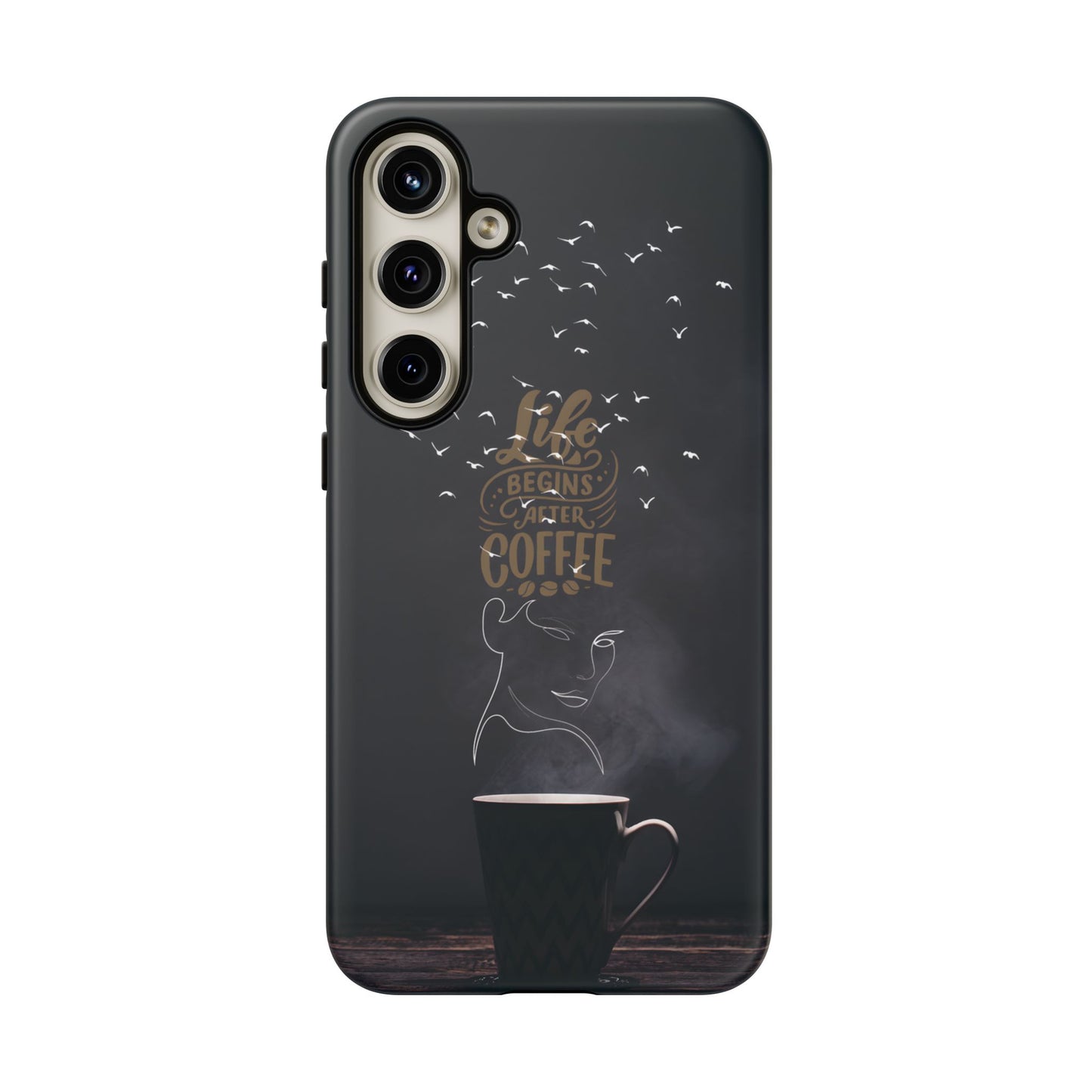 Life Begins After Coffee Phone Case – Coffee Mug Art with Woman's Face & Flying Birds, Unique Inspirational Design