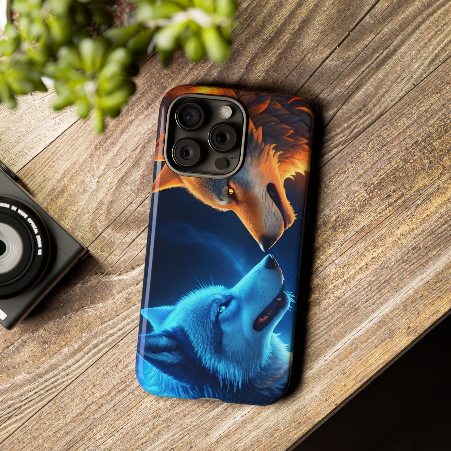 Fire Wolf and Ice Wolf Tough Phone Case – Dual Element Wolf Design, Protective Cover for Animal Lovers