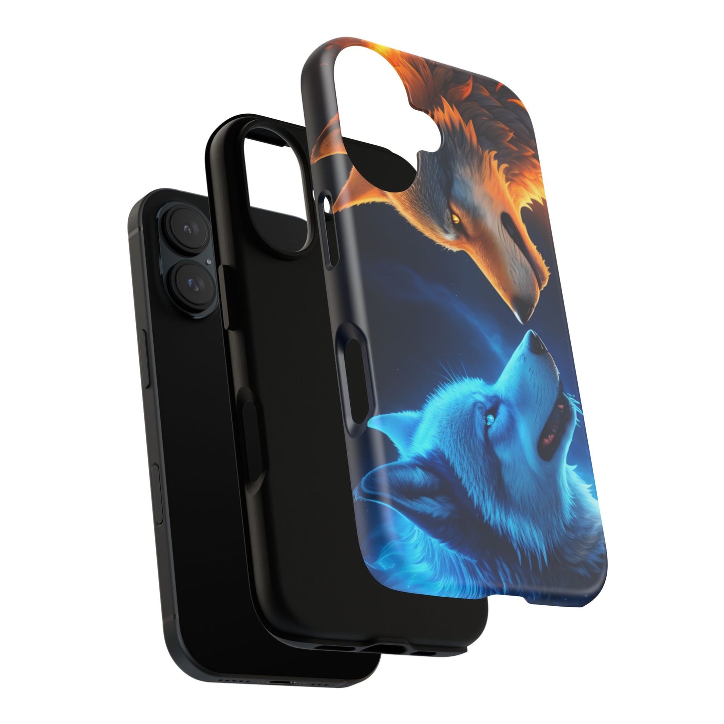 Fire Wolf and Ice Wolf Tough Phone Case – Dual Element Wolf Design, Protective Cover for Animal Lovers