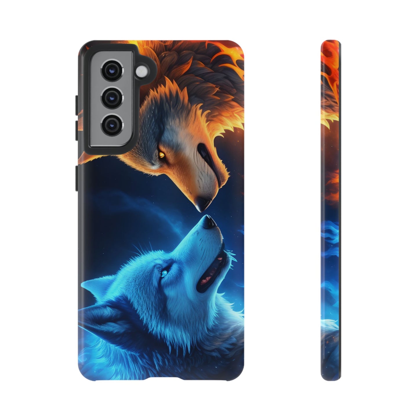 Fire Wolf and Ice Wolf Tough Phone Case – Dual Element Wolf Design, Protective Cover for Animal Lovers