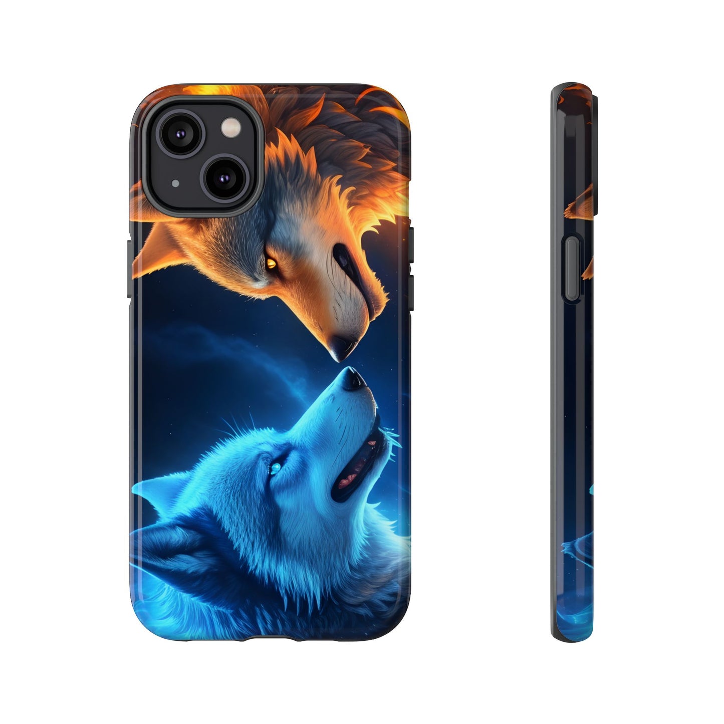 Fire Wolf and Ice Wolf Tough Phone Case – Dual Element Wolf Design, Protective Cover for Animal Lovers