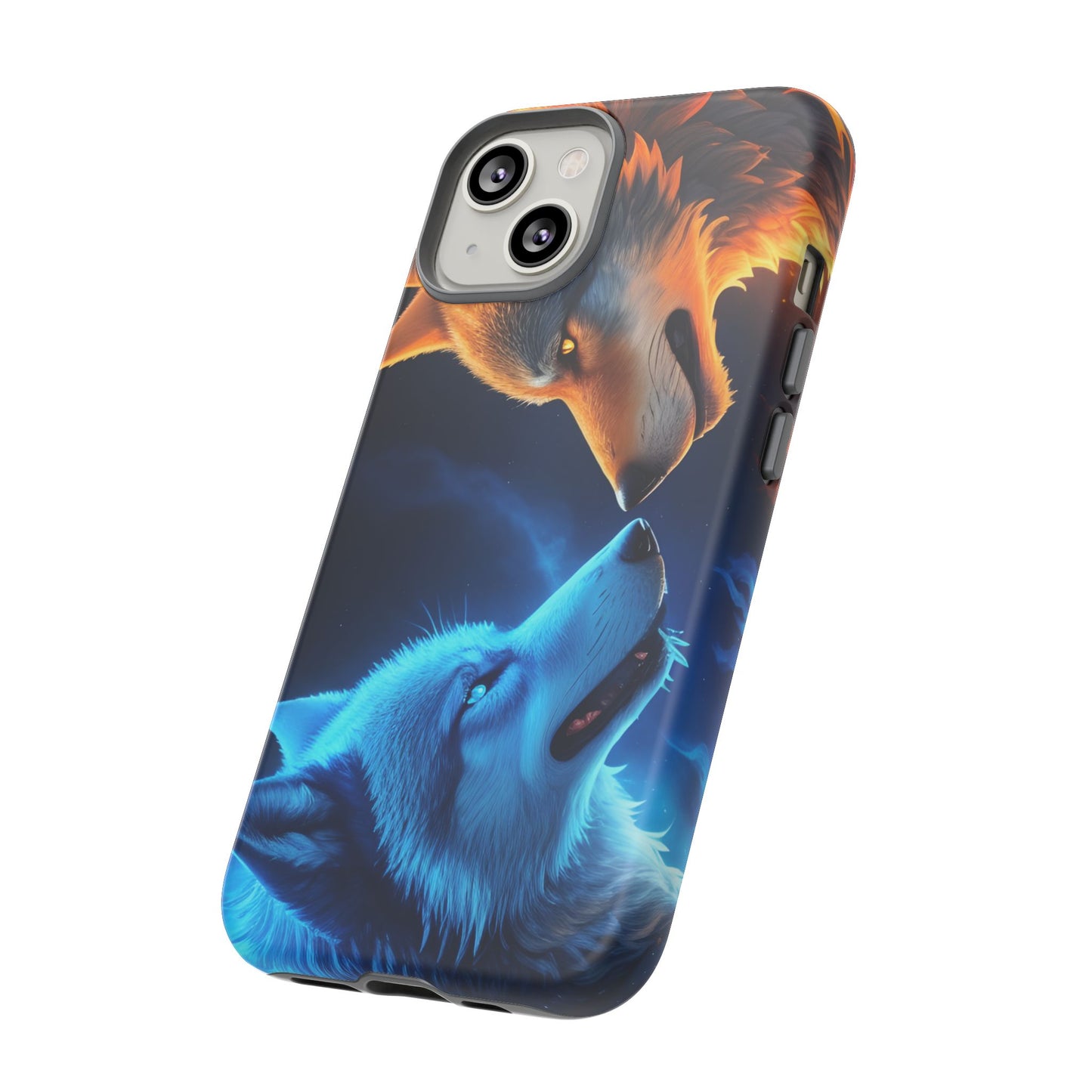 Fire Wolf and Ice Wolf Tough Phone Case – Dual Element Wolf Design, Protective Cover for Animal Lovers