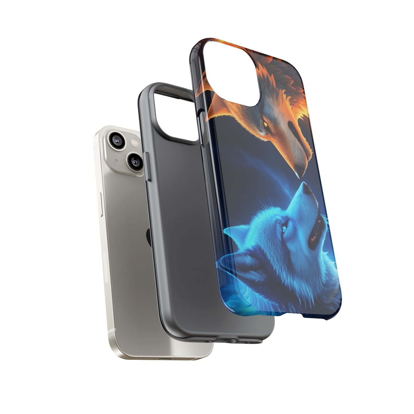 Fire Wolf and Ice Wolf Tough Phone Case – Dual Element Wolf Design, Protective Cover for Animal Lovers