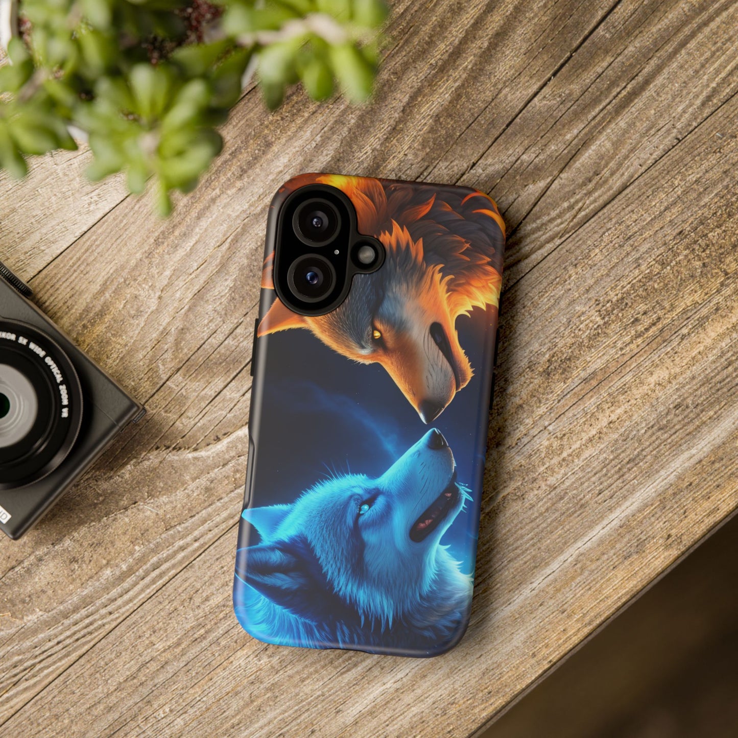 Fire Wolf and Ice Wolf Tough Phone Case – Dual Element Wolf Design, Protective Cover for Animal Lovers