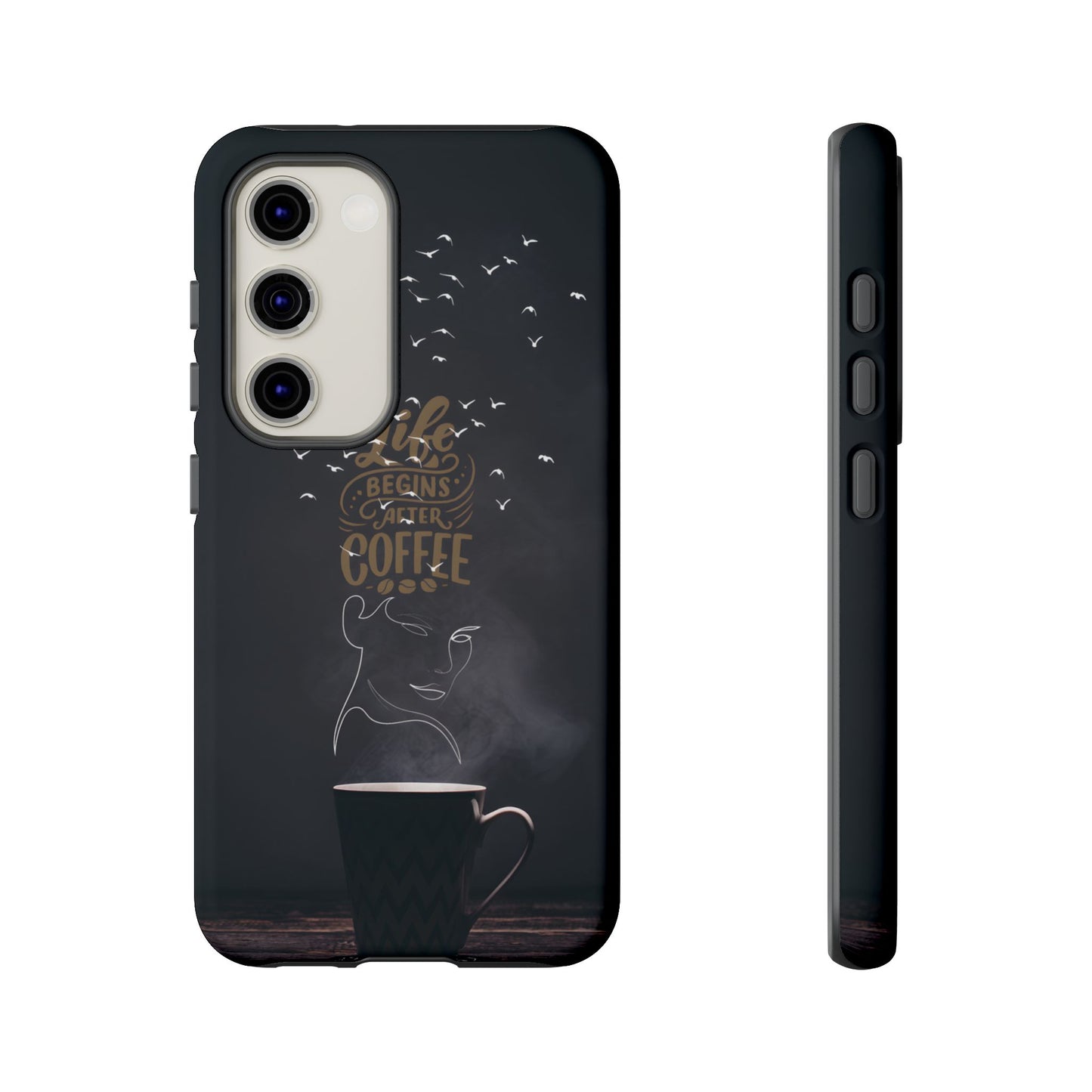 Life Begins After Coffee Phone Case – Coffee Mug Art with Woman's Face & Flying Birds, Unique Inspirational Design