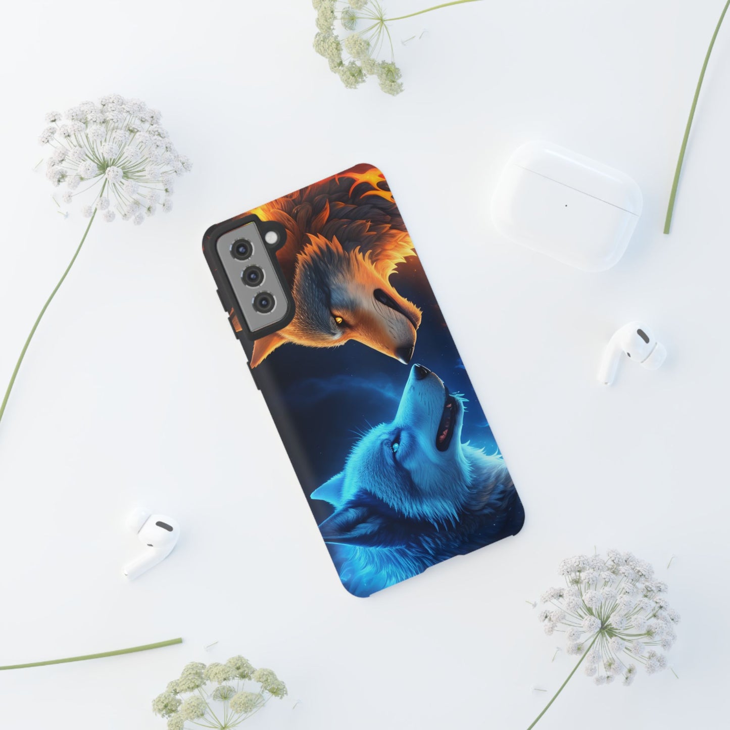 Fire Wolf and Ice Wolf Tough Phone Case – Dual Element Wolf Design, Protective Cover for Animal Lovers