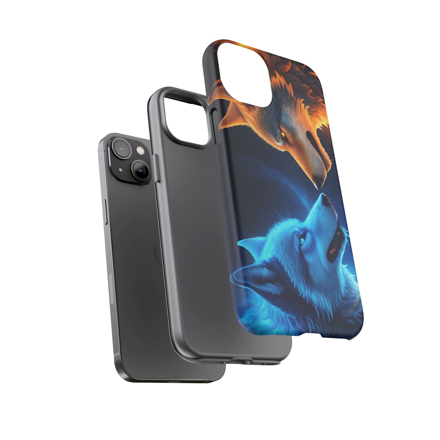 Fire Wolf and Ice Wolf Tough Phone Case – Dual Element Wolf Design, Protective Cover for Animal Lovers