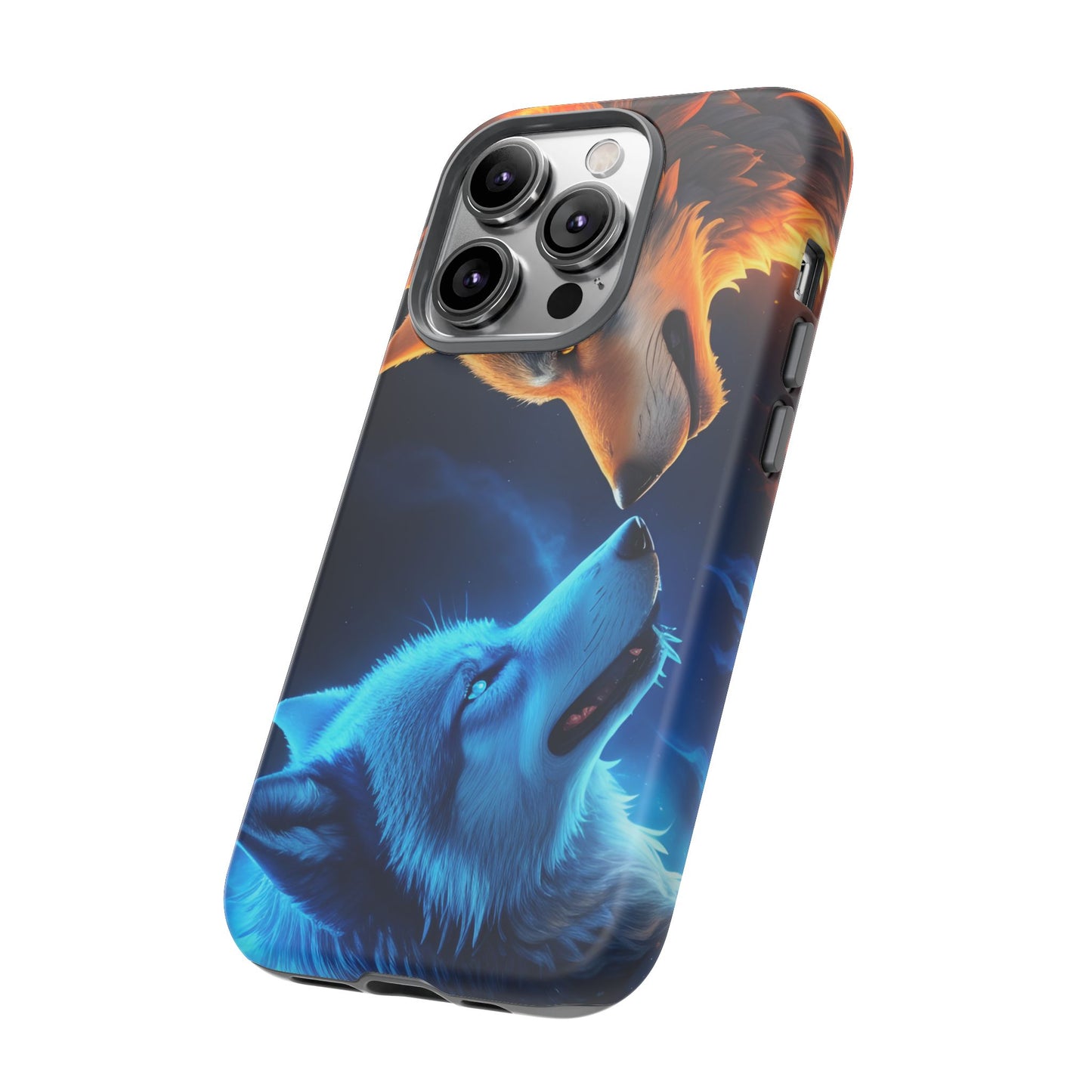 Fire Wolf and Ice Wolf Tough Phone Case – Dual Element Wolf Design, Protective Cover for Animal Lovers