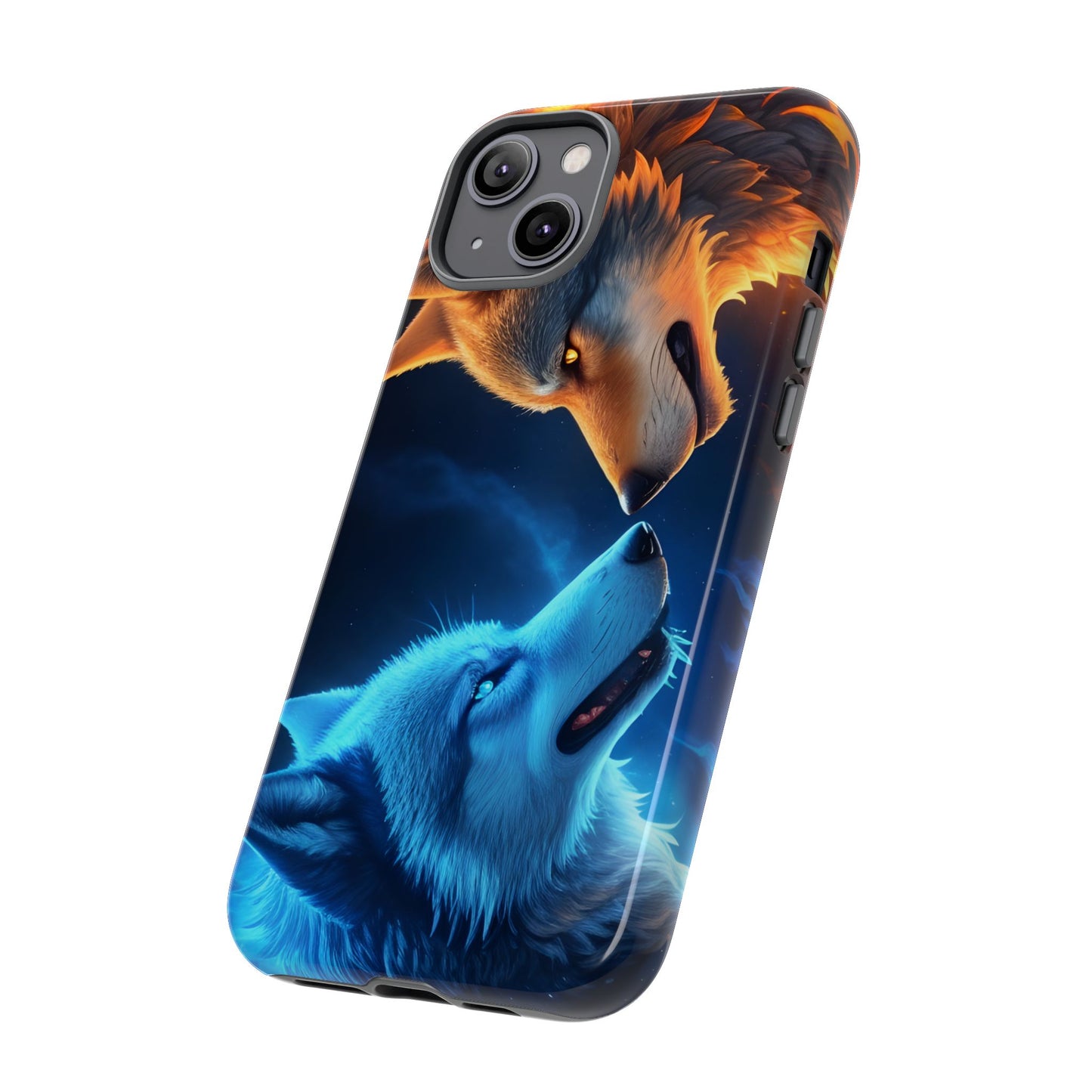 Fire Wolf and Ice Wolf Tough Phone Case – Dual Element Wolf Design, Protective Cover for Animal Lovers