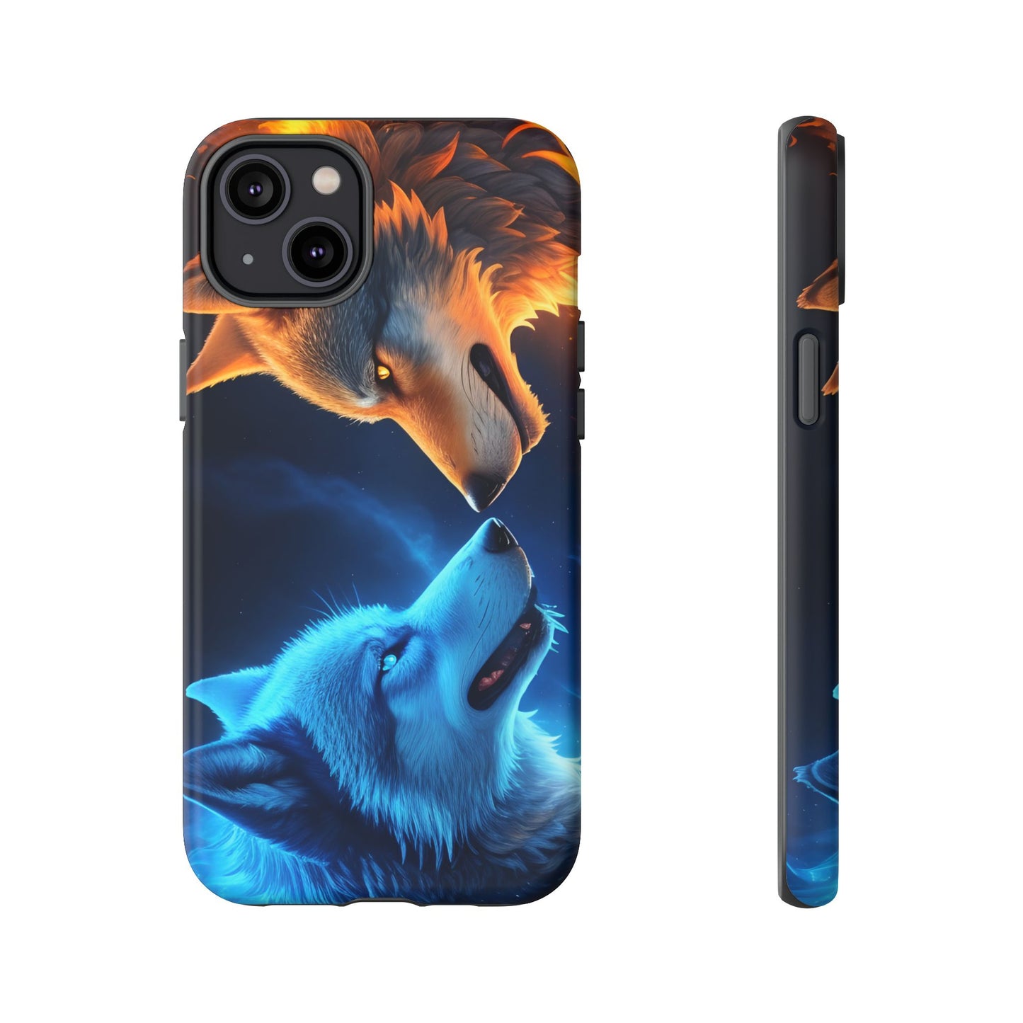 Fire Wolf and Ice Wolf Tough Phone Case – Dual Element Wolf Design, Protective Cover for Animal Lovers