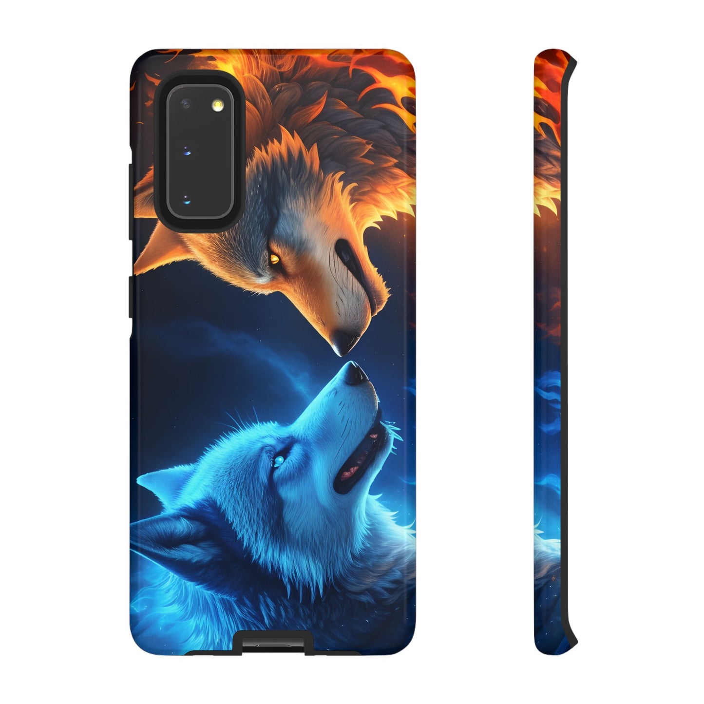 Fire Wolf and Ice Wolf Tough Phone Case – Dual Element Wolf Design, Protective Cover for Animal Lovers