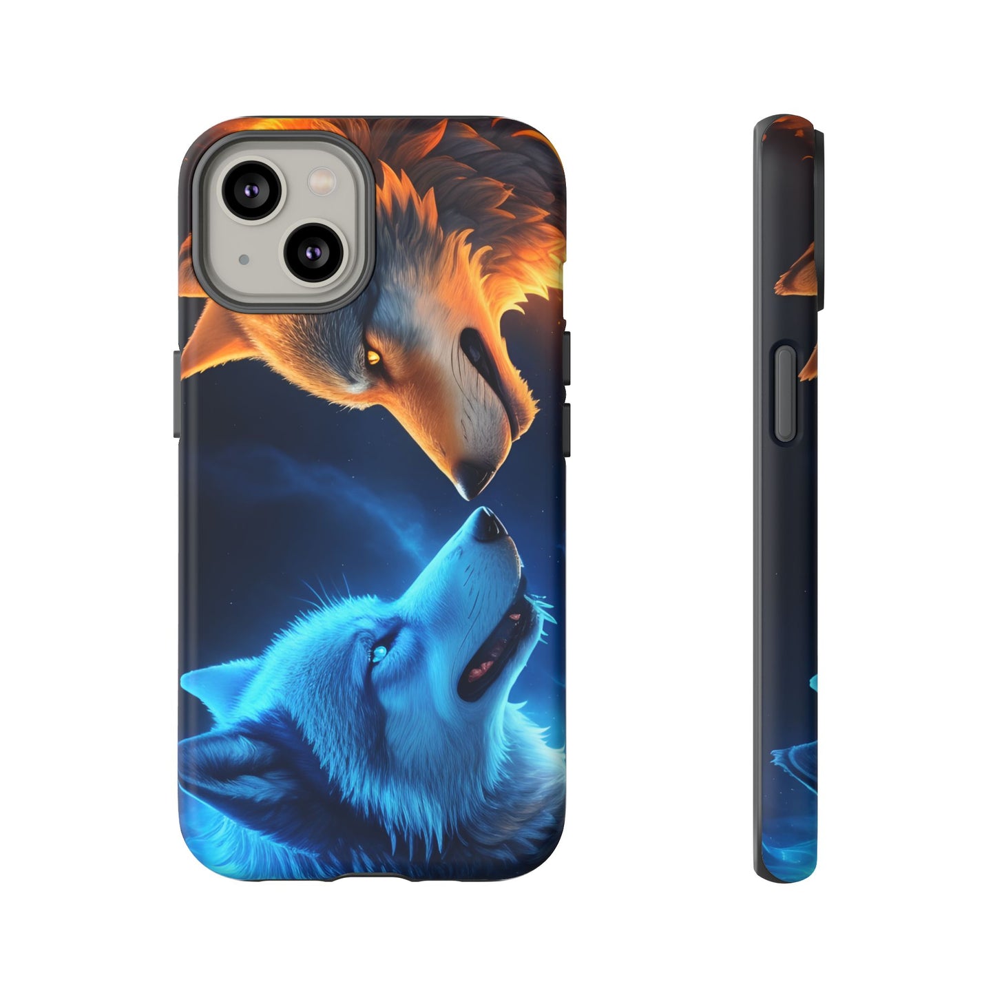 Fire Wolf and Ice Wolf Tough Phone Case – Dual Element Wolf Design, Protective Cover for Animal Lovers