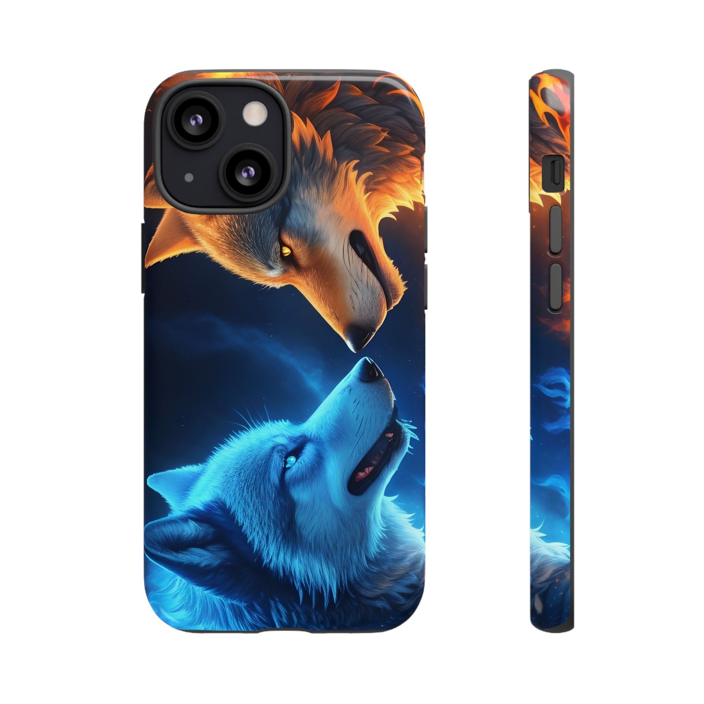 Fire Wolf and Ice Wolf Tough Phone Case – Dual Element Wolf Design, Protective Cover for Animal Lovers