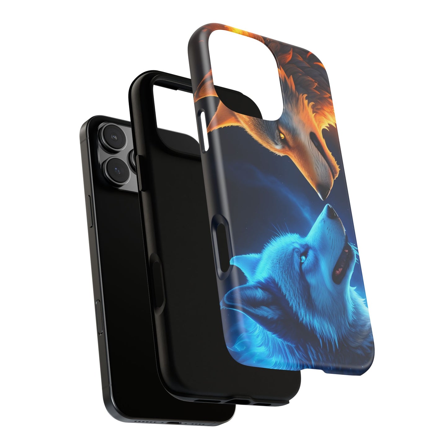 Fire Wolf and Ice Wolf Tough Phone Case – Dual Element Wolf Design, Protective Cover for Animal Lovers