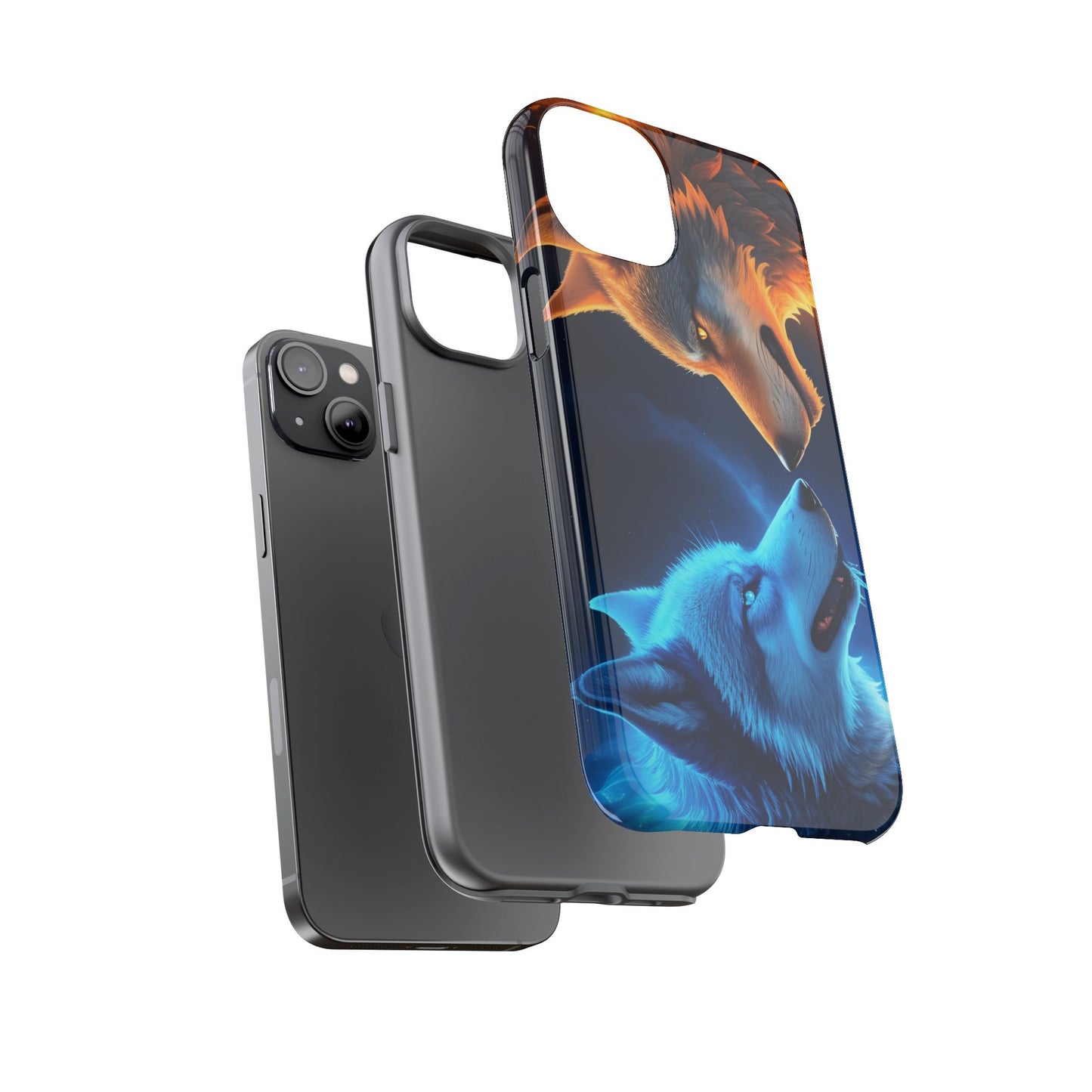 Fire Wolf and Ice Wolf Tough Phone Case – Dual Element Wolf Design, Protective Cover for Animal Lovers