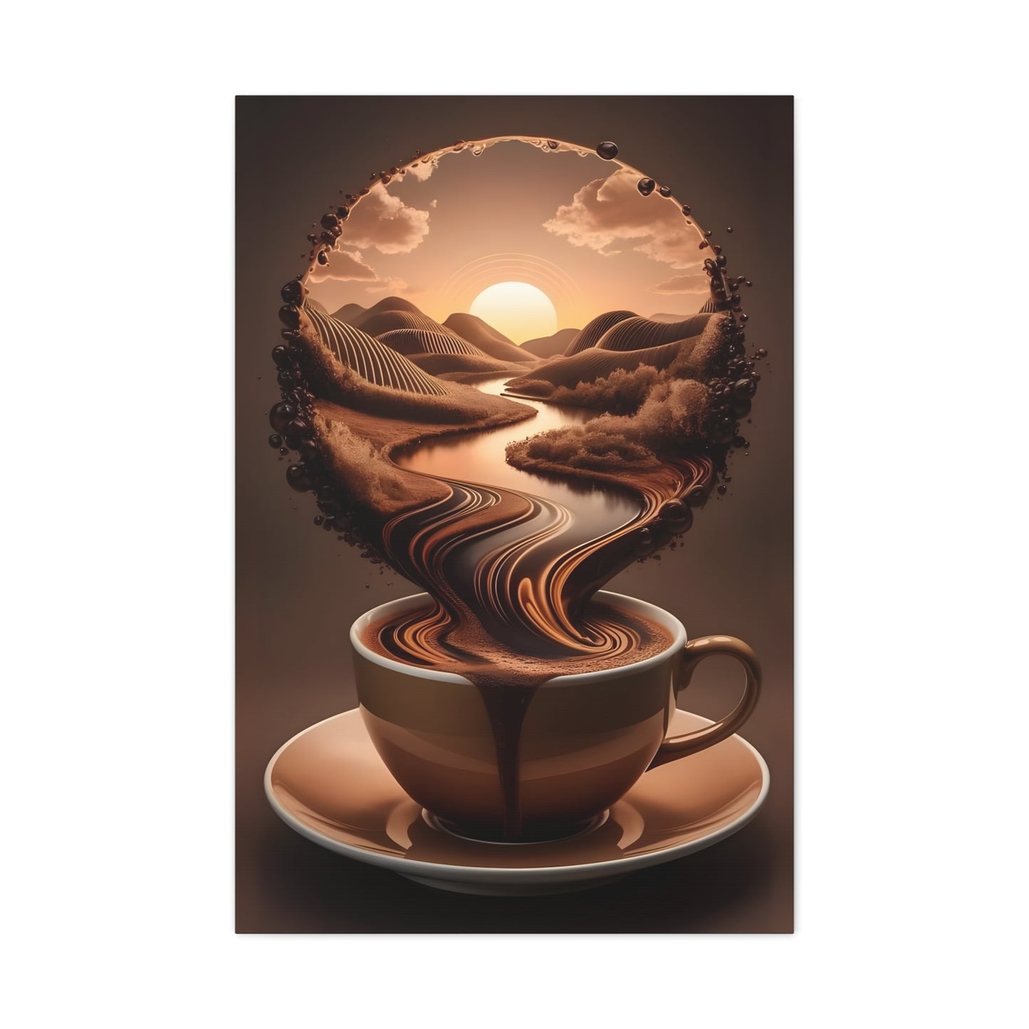 Coffee Art Wall Canva Print – Surreal Sunset Landscape in a Cup - Modern Kitchen & Café Decor