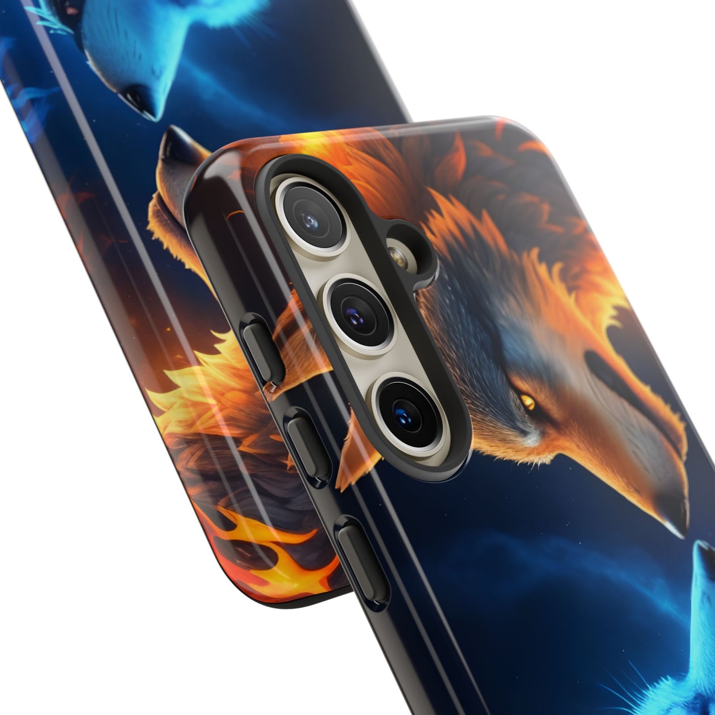 Fire Wolf and Ice Wolf Tough Phone Case – Dual Element Wolf Design, Protective Cover for Animal Lovers