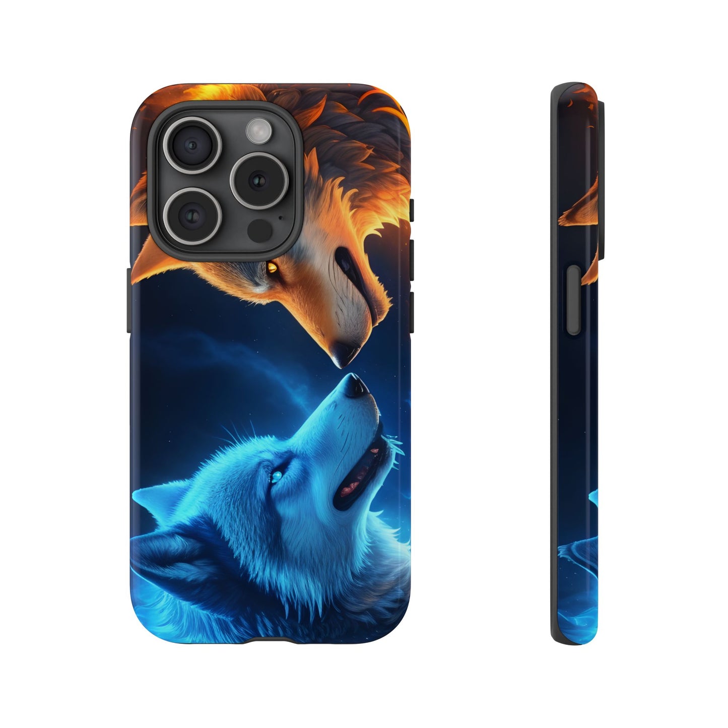 Fire Wolf and Ice Wolf Tough Phone Case – Dual Element Wolf Design, Protective Cover for Animal Lovers