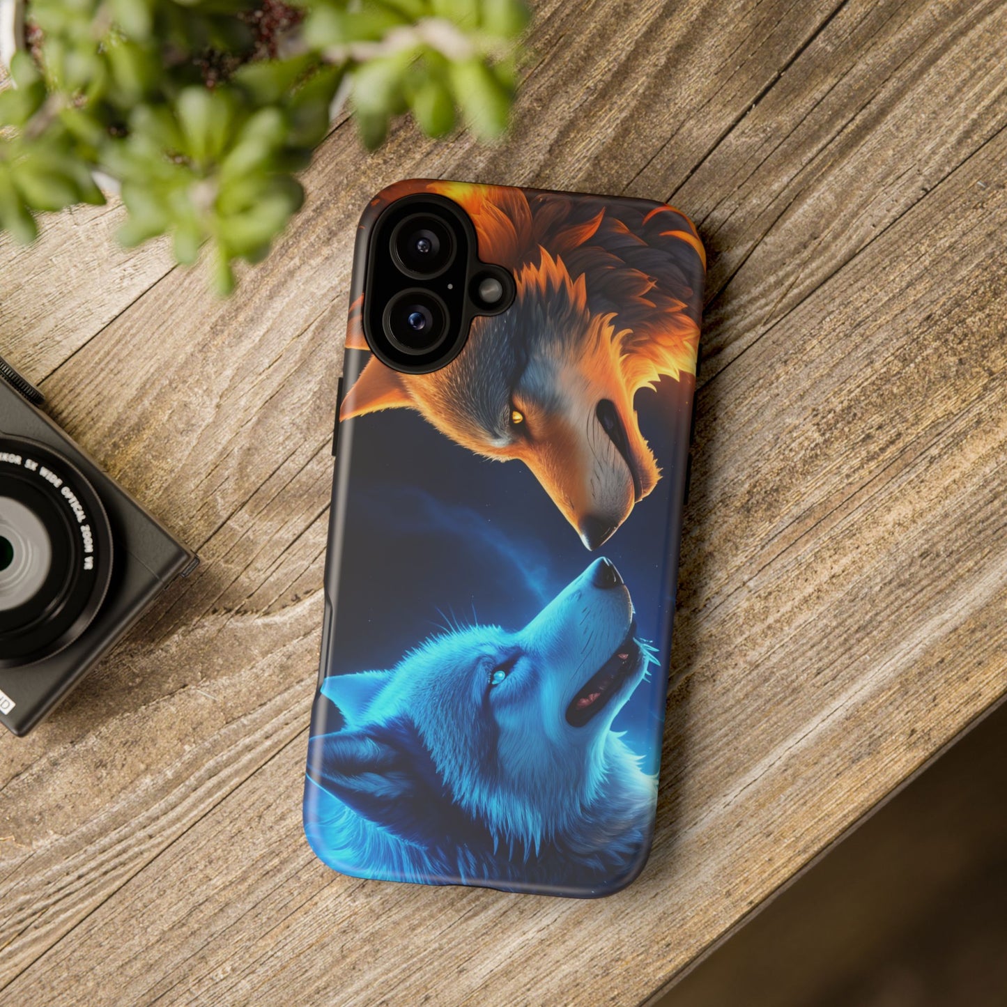 Fire Wolf and Ice Wolf Tough Phone Case – Dual Element Wolf Design, Protective Cover for Animal Lovers