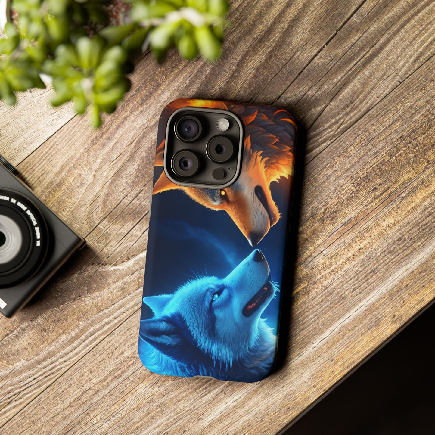 Fire Wolf and Ice Wolf Tough Phone Case – Dual Element Wolf Design, Protective Cover for Animal Lovers