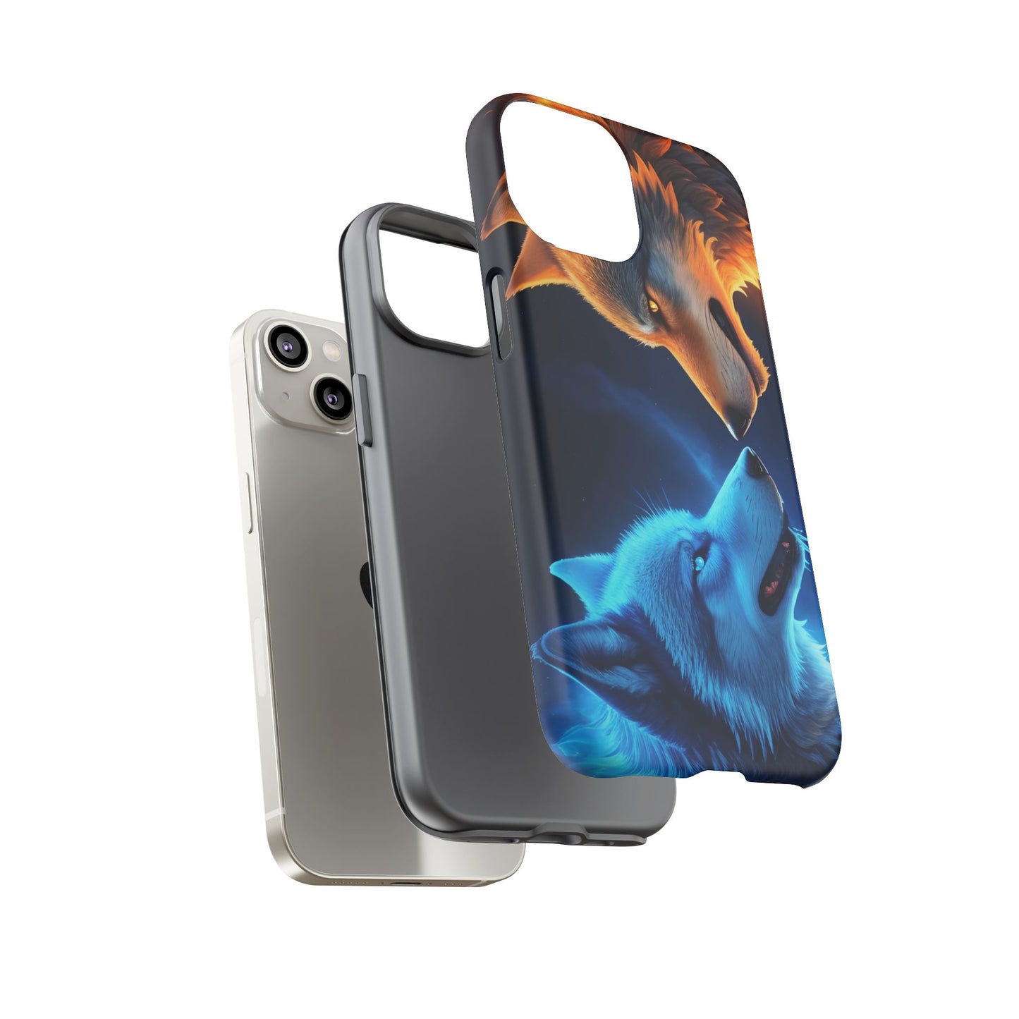 Fire Wolf and Ice Wolf Tough Phone Case – Dual Element Wolf Design, Protective Cover for Animal Lovers