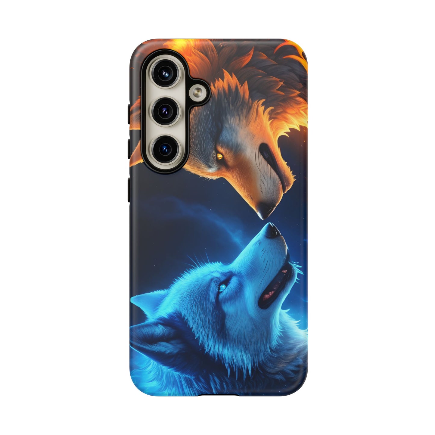 Fire Wolf and Ice Wolf Tough Phone Case – Dual Element Wolf Design, Protective Cover for Animal Lovers