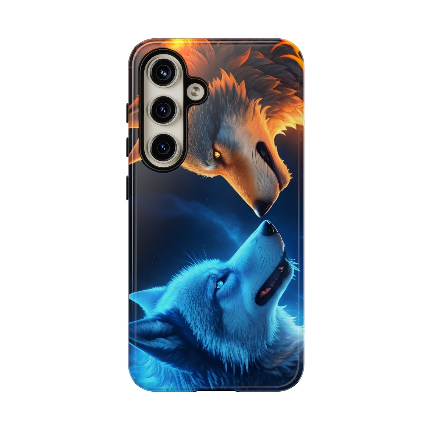 Fire Wolf and Ice Wolf Tough Phone Case – Dual Element Wolf Design, Protective Cover for Animal Lovers