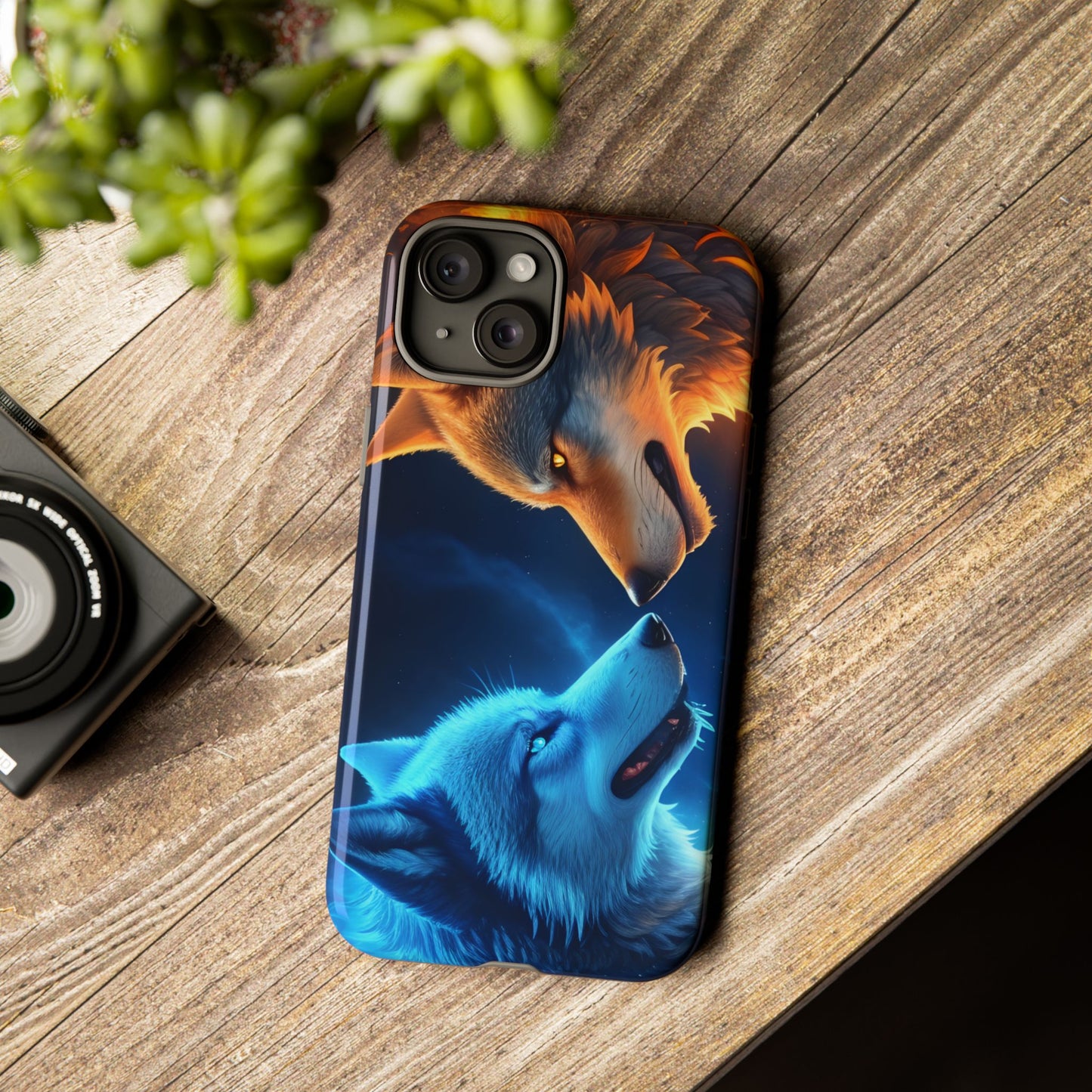 Fire Wolf and Ice Wolf Tough Phone Case – Dual Element Wolf Design, Protective Cover for Animal Lovers