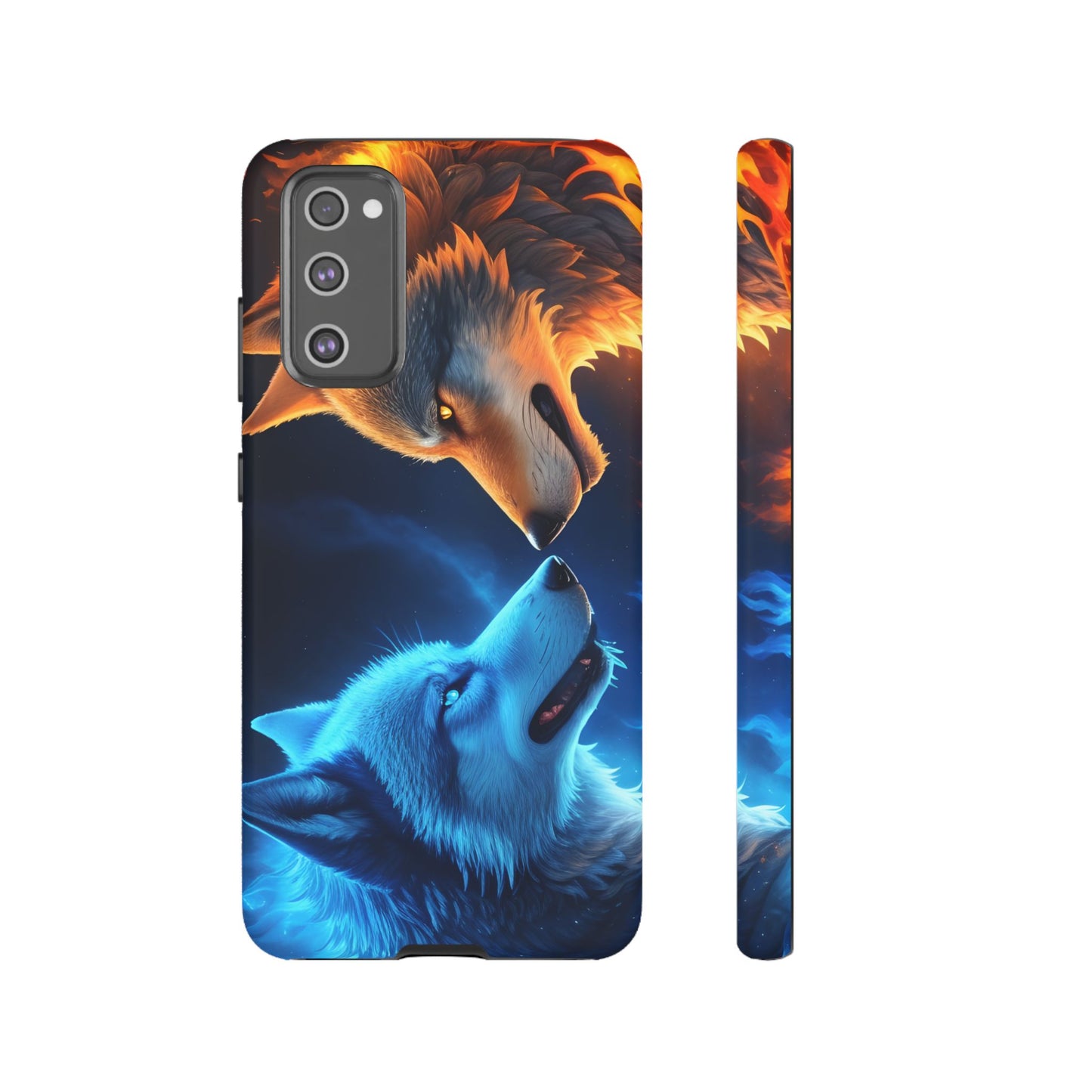 Fire Wolf and Ice Wolf Tough Phone Case – Dual Element Wolf Design, Protective Cover for Animal Lovers