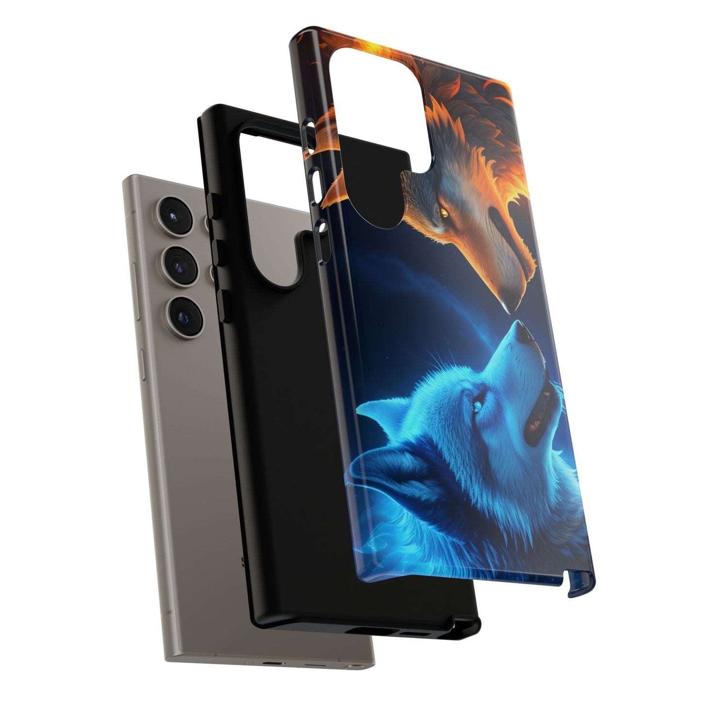 Fire Wolf and Ice Wolf Tough Phone Case – Dual Element Wolf Design, Protective Cover for Animal Lovers