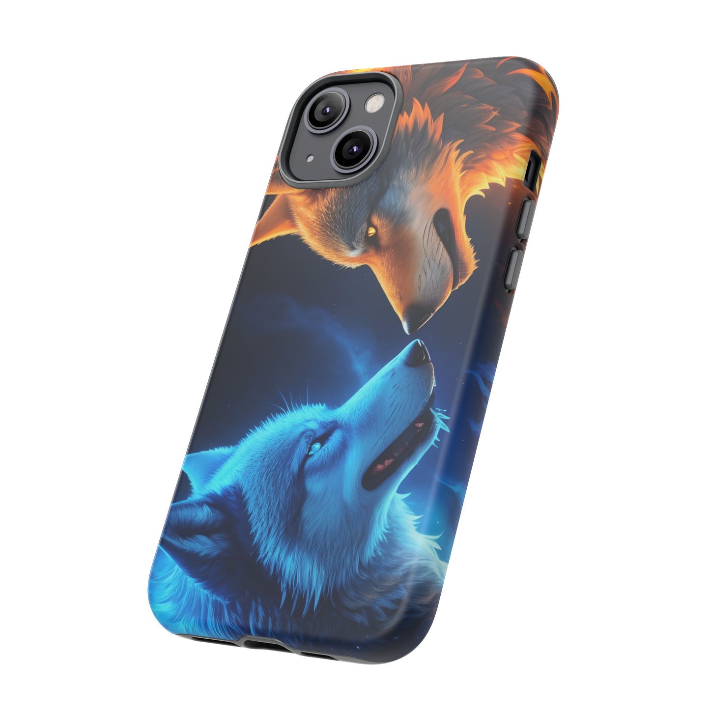 Fire Wolf and Ice Wolf Tough Phone Case – Dual Element Wolf Design, Protective Cover for Animal Lovers