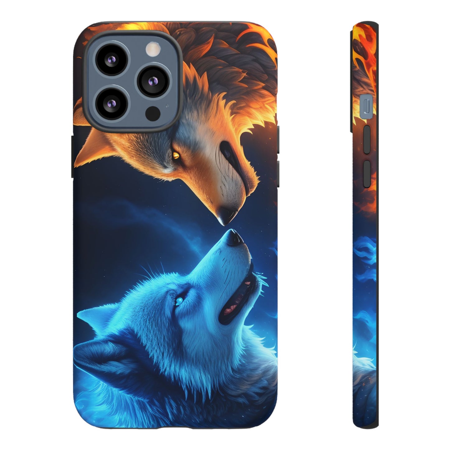 Fire Wolf and Ice Wolf Tough Phone Case – Dual Element Wolf Design, Protective Cover for Animal Lovers