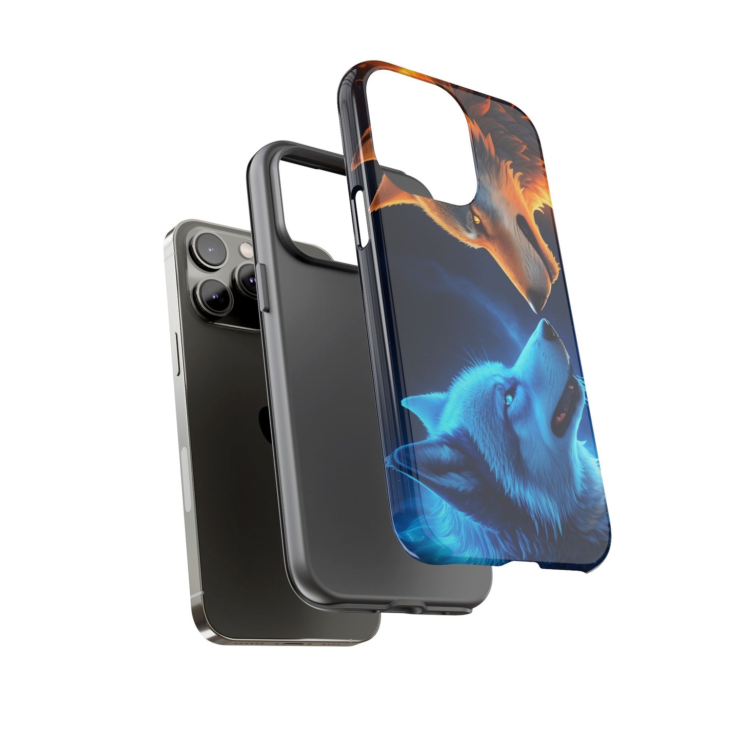 Fire Wolf and Ice Wolf Tough Phone Case – Dual Element Wolf Design, Protective Cover for Animal Lovers