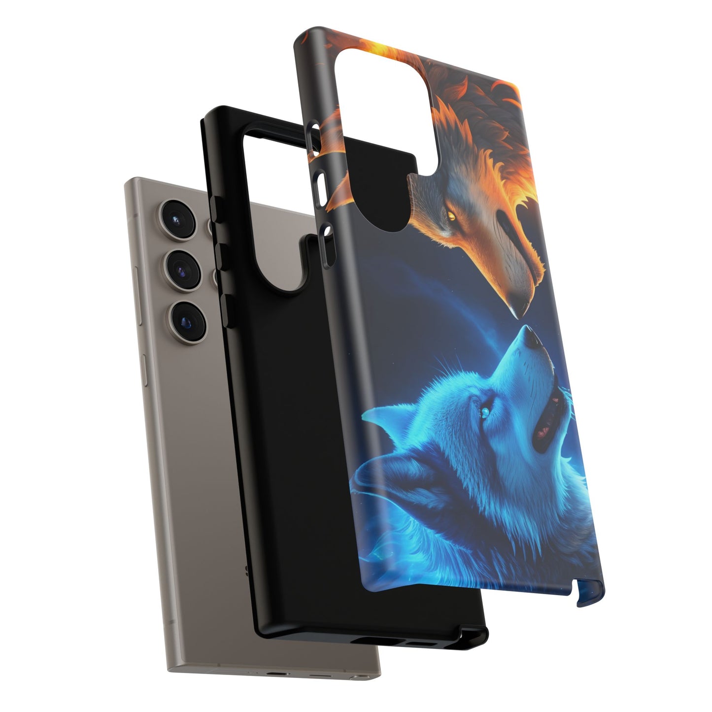 Fire Wolf and Ice Wolf Tough Phone Case – Dual Element Wolf Design, Protective Cover for Animal Lovers